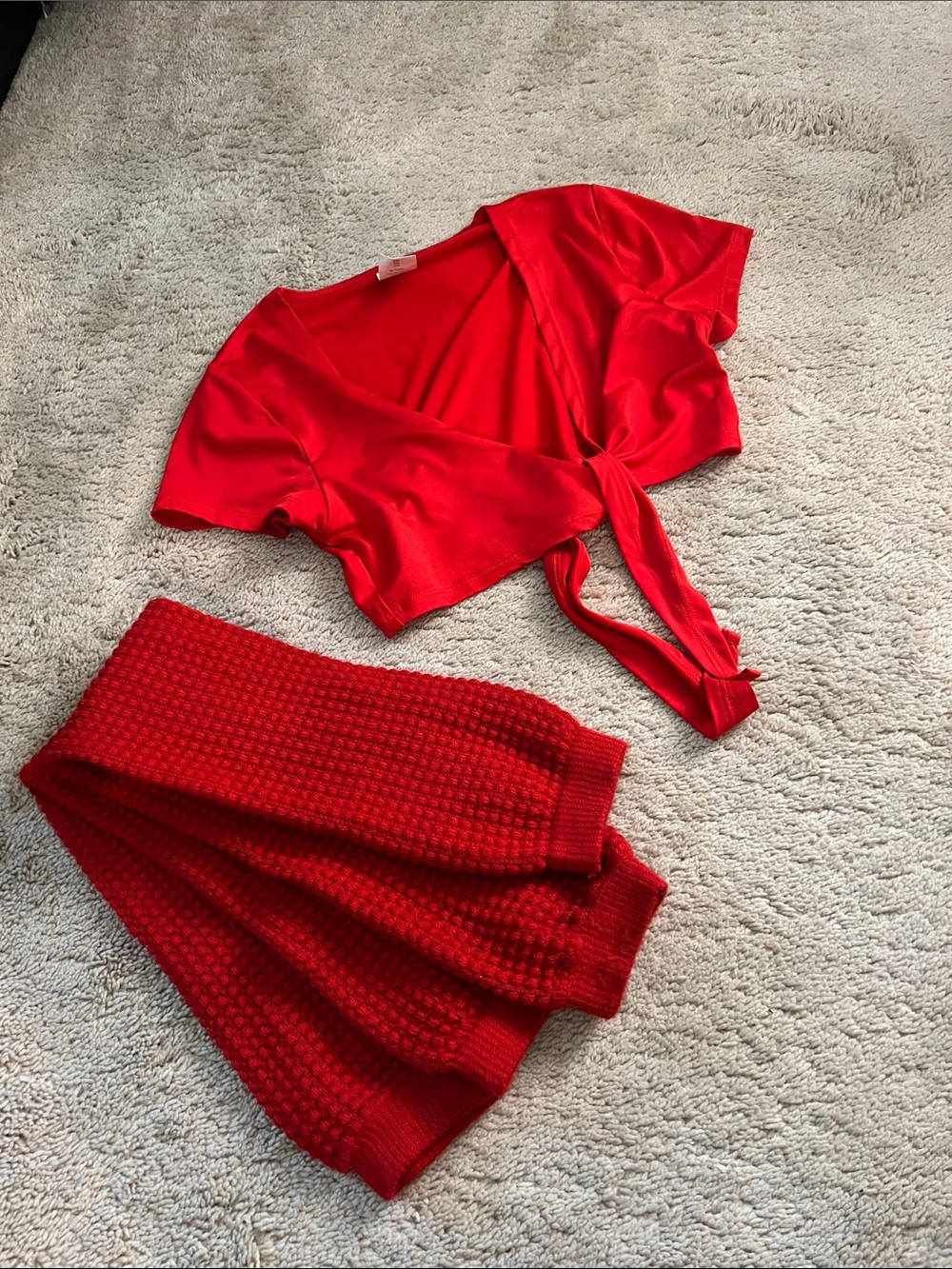 Red Knit Skirt & Tie-Front Crop Top Set w/ leg warmers